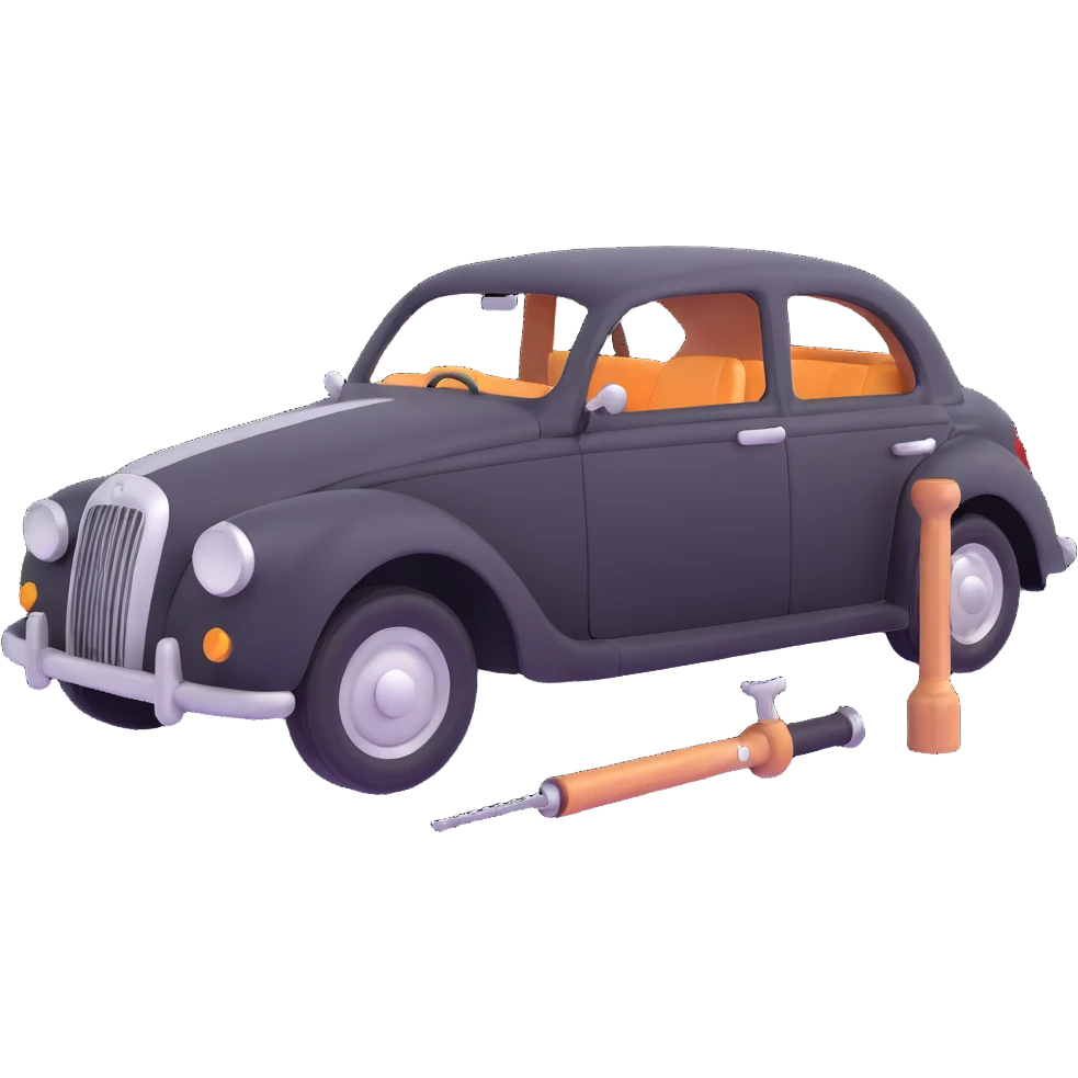elegant car with a visible dent and dent repair tools like a lever and small hammer for Paintless Dent Repair (PDR) emoji