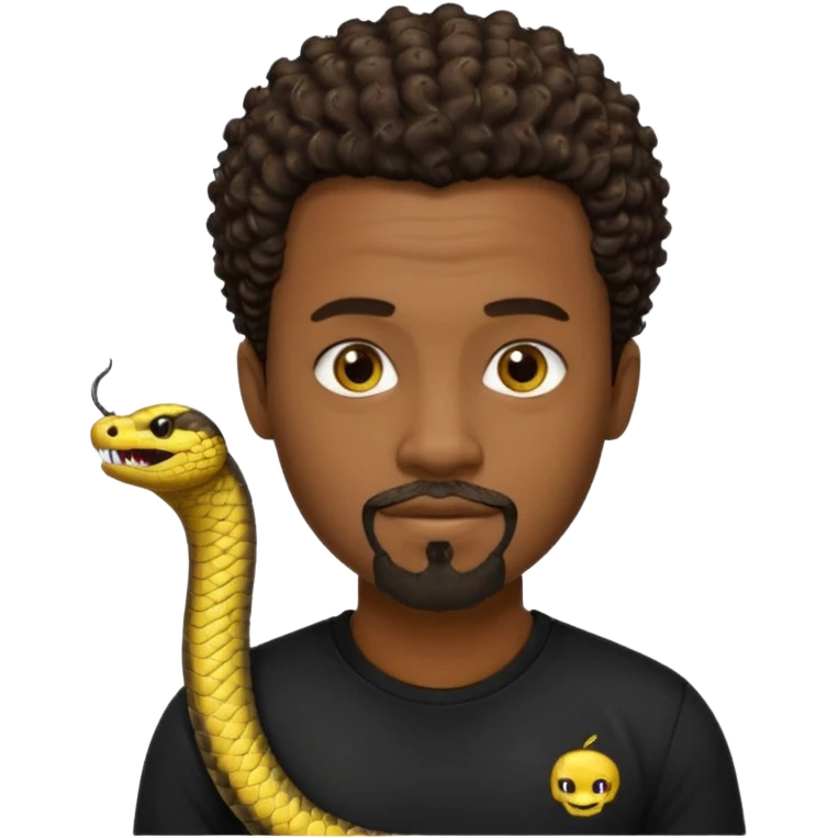 Homme noir, yeux marron avec un bouc que le menton, cheveux court et bouclé crépus avec dégradé sur le côté, avec un cobra à côté , t-shirt noir  emoji
