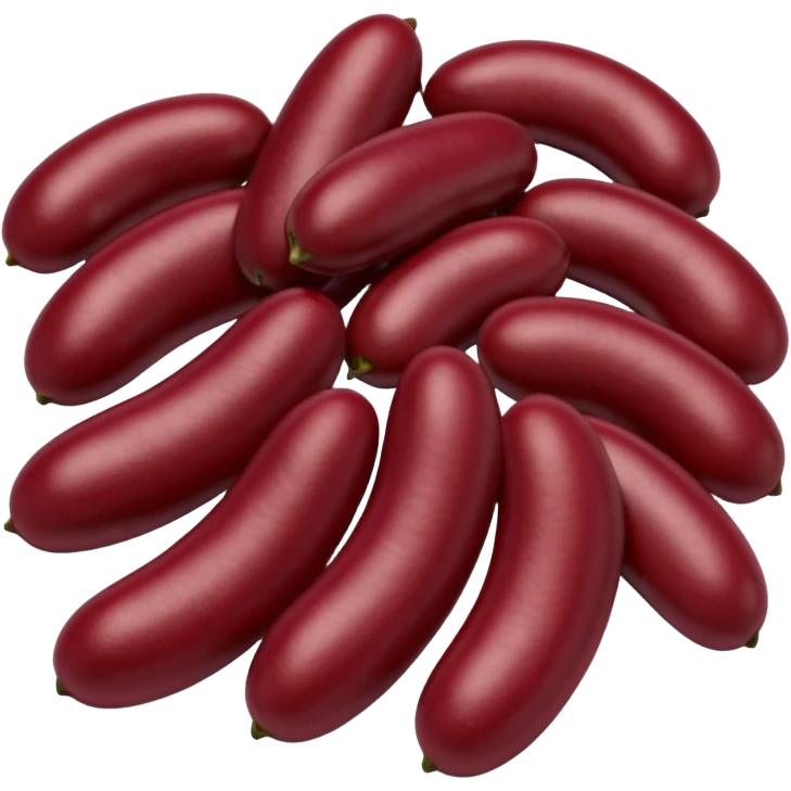 3 to 5 red kidney beans, loosely arranged, smooth glossy surface, deep reddish-maroon color, typical curved kidney shape, slight natural variations in size, shape, and hue, dry polished texture, 3D-rendered, clean, minimal, soft shadows, no faces or packaging, transparent background, emoji scale emoji
