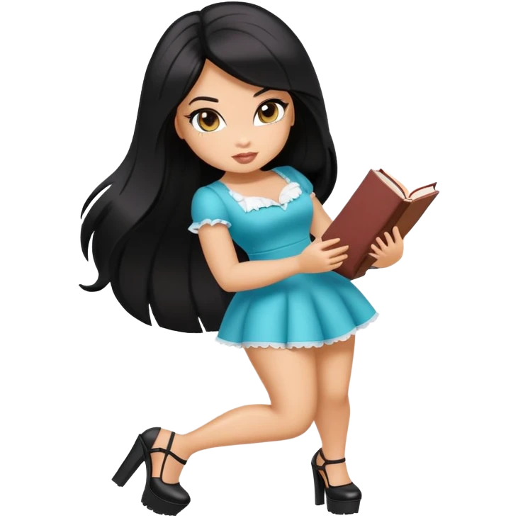 Bimbo walking, platform heels, mini dress, black hair, picking up book from ground, hot, curvey, bratz emoji