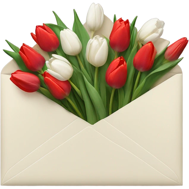 Light beige Envelope with 4 red tulips and 4 white tulips in. Just put more tulips in and make envelope colour lighter. Make envelope an off white colour. Make envelope wider emoji