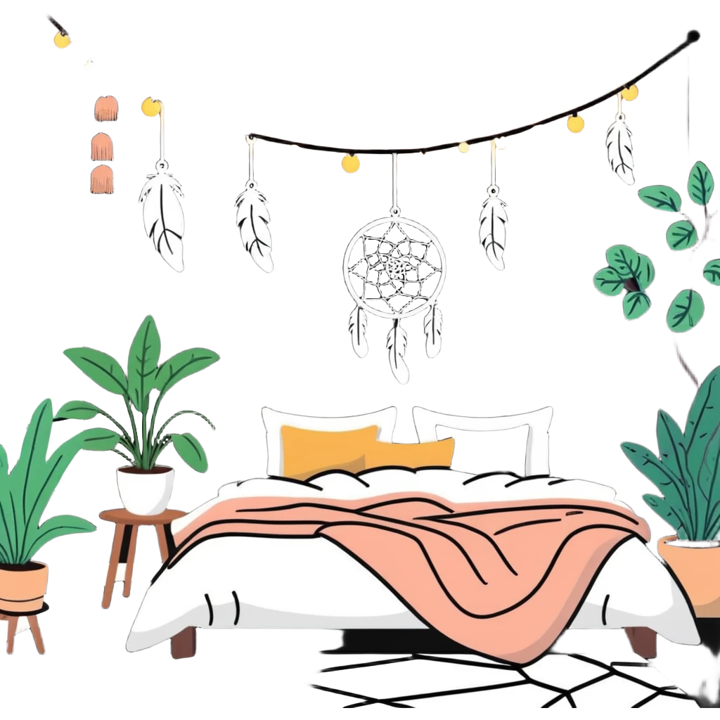 boho bedroom with hanging plants, dreamcatcher, fluffy rug, and string lights emoji