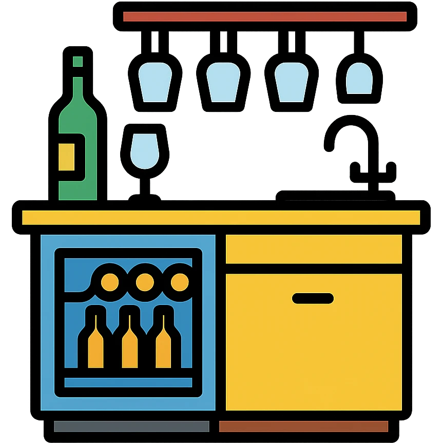 wet bar with wine fridge and sink, color outline icon style, with glassware emoji