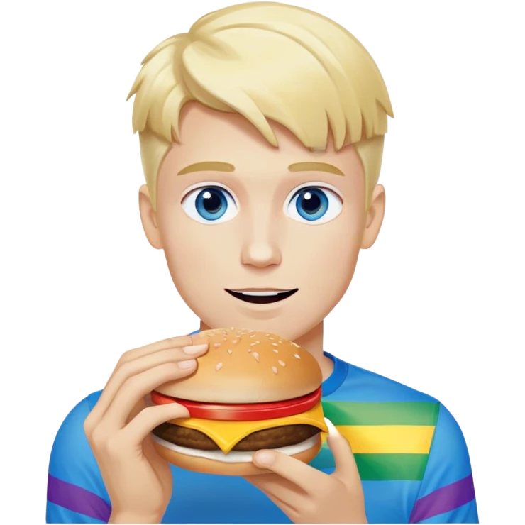 Young blonde man with white skin and blue eyes from LGBT community eating McDonald's hamburger, pride flag colors emoji