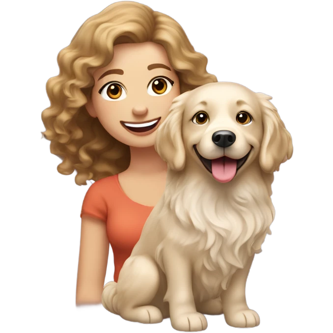 bouncy blow dry brown haired woman and her English cream golden retriever curly haired dog smiling emoji