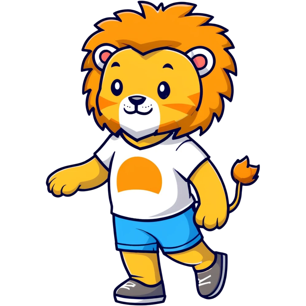 retro 1930s anthropomorphised lion in a t-shirt and shorts walking, black and white emoji
