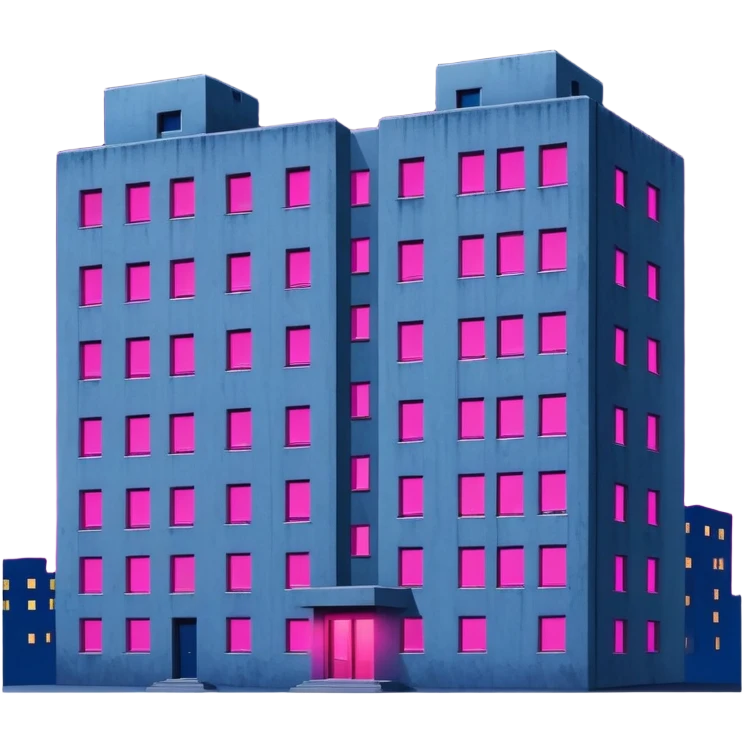 Soviet-style apartment block at night, stark concrete silhouette against dark blue night sky, single window emitting vibrant pink ultraviolet light, ghetto ambience emoji