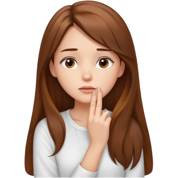 a thoughtful girl looks up and holds her hand under her chin emoji