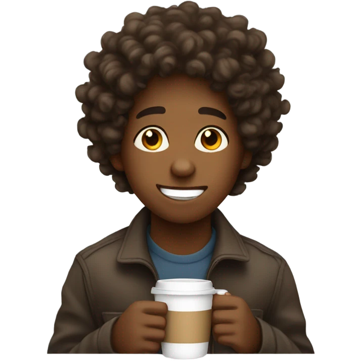 Brown skin boy with curly hair oh sipping coffee emoji