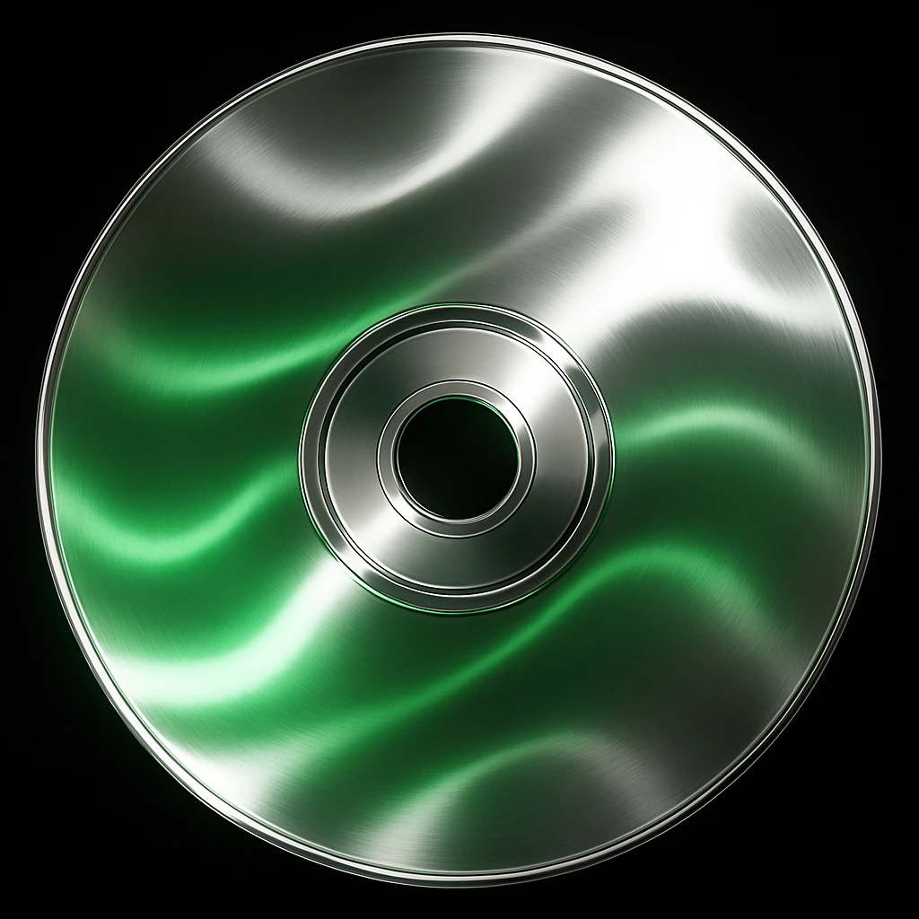 A minimalist CD disc with abstract pattern, glowing effect, green color emoji