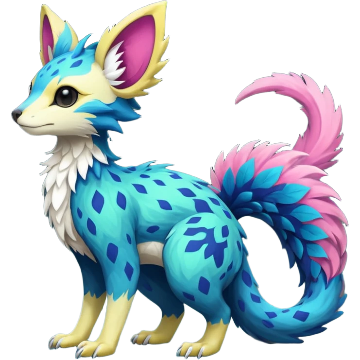 Beautiful pretty cool edgy elegant realistic Feral Rare Fantasy colorful vibrant Vernid-Trico-species-Fakemon-creature by LiLaiRa, random markings, tufted tail, tufted ears, full body emoji