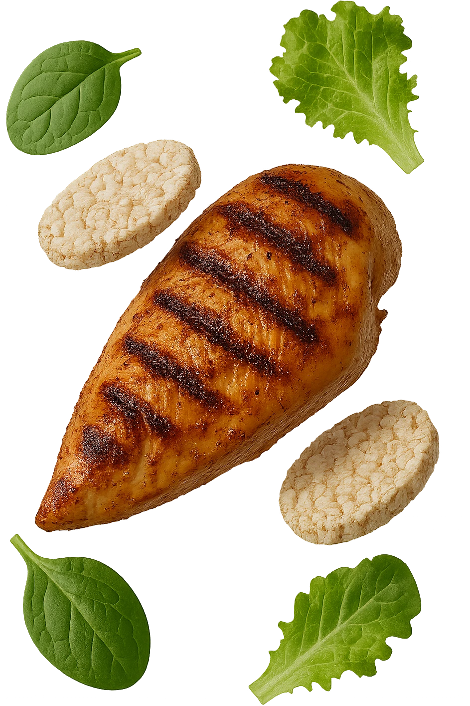 petto di pollo grigliato fluttua in aria insieme a gallette di riso e foglie di insalata, iperrealistico 4k emoji