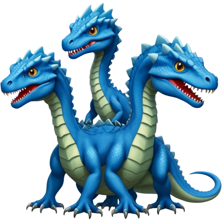 blue hydra, strong reptilian body, like a dinosaure, not like a snake, dragon characteristics,  with 3 heads rising from its neck emoji