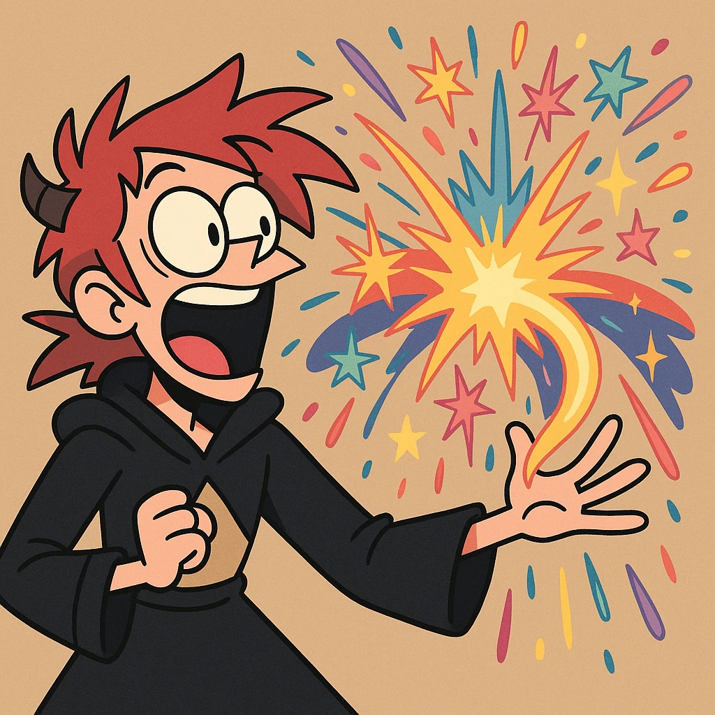 magic fireworks, bold colors, dynamic explosion, cartoon style emoji