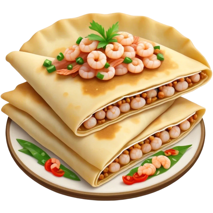 Bánh Xèo Cinematic Realistic Bánh Xèo Dish Emoji, depicted as a crispy, folded semi circle crepe filled with tiny shrimp and pork, rendered with dynamic textures and vibrant, appetizing lighting. emoji
