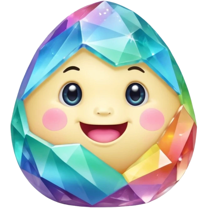 A single pastel rainbow crystal baby rock character, chubby and heavy with a chunky, irregular polygon shape, not egg-shaped, covered in faceted crystal planes and small chips, big glossy rainbow eyes and a small smiling mout emoji