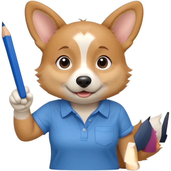 perrita caricatura gorgi gales trabajadora con camiseta celeste apuntando con un lapiz hacia el costado izquierdo emoji