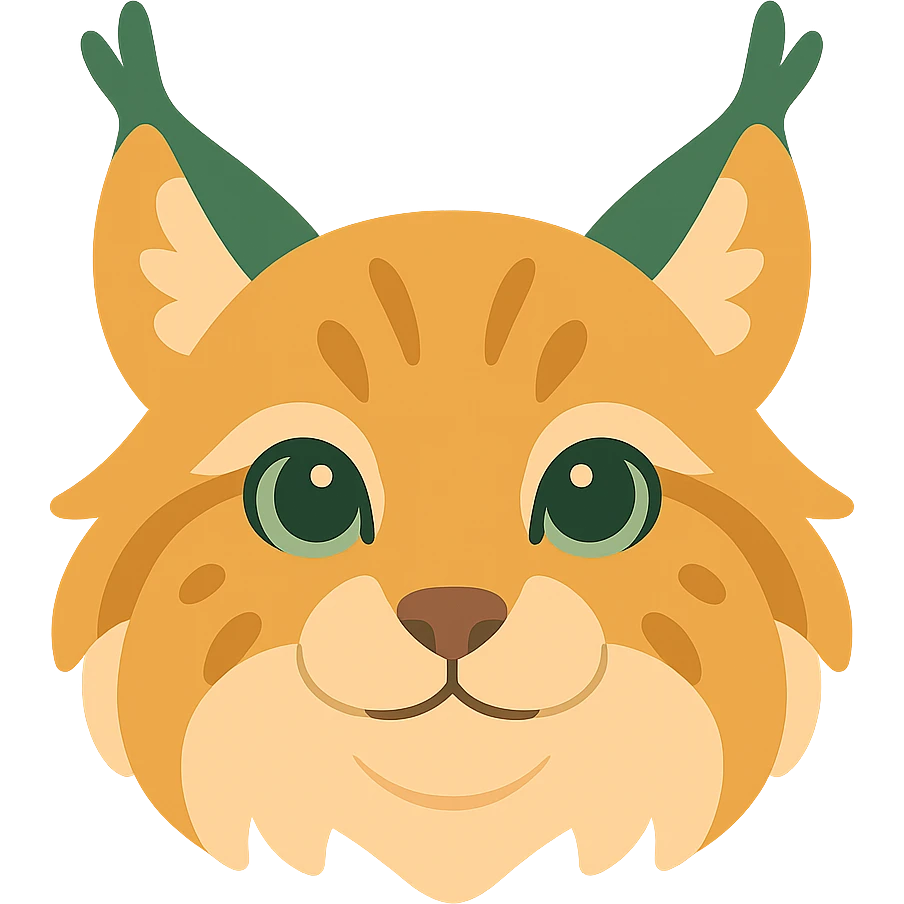 A cute and soft lynx face with big, expressive eyes, designed in a warm and magical color palette: golden orange (FA9B41), forest green (4A7C5C), muted taupe brown (96775A), and pastel peach (FFCC9A). The lynx’s fur is fluffy and soft, with a mix of warm browns and golden highlights. Its ears are tipped with tufts of fur in greenish tones, and its cheeks are gently rounded with subtle peach accents. The eyes are bright and curious, surrounded by soft fur in the warm color palette. The overall look is adorable, serene, and enchanting, evoking a gentle, woodland atmosphere. emoji