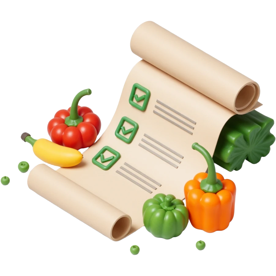 floating rolled paper list with green checkboxes and around vegetables emoji