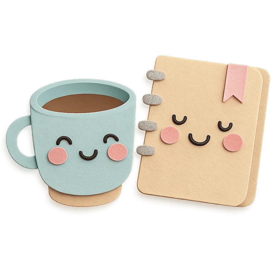 coffee cup and diary notebook with blushing cheeks, soft pastel colors emoji