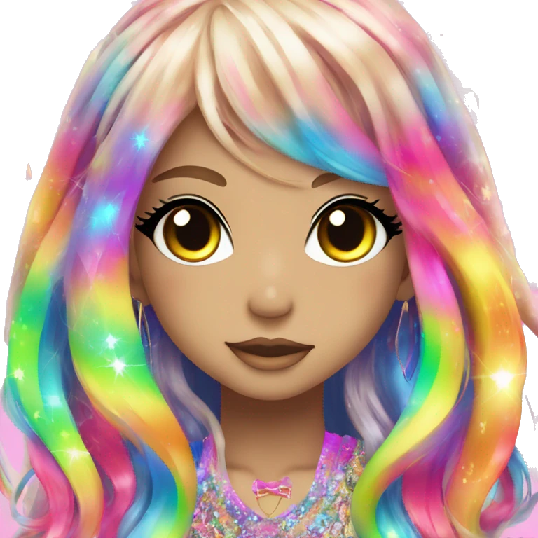 hime gyaru girl, rainbow shimmer hair, neon, colorful, bright, sparkle emoji