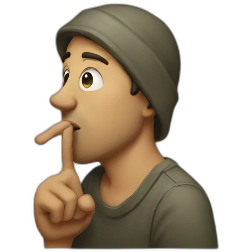A guy with his finger in his mouth making the silence sign emoji