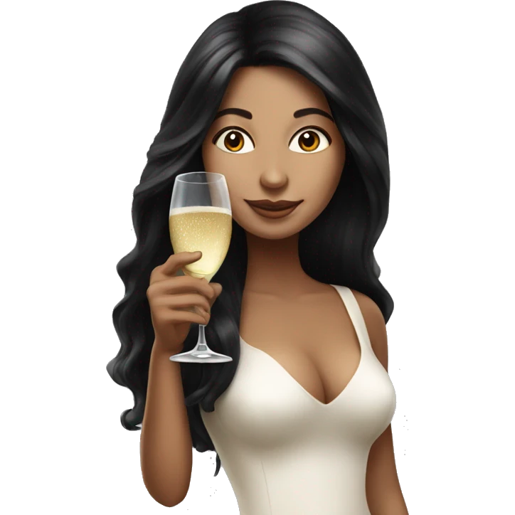 Hyperrealistic woman with black long hair drinks champagne emoji