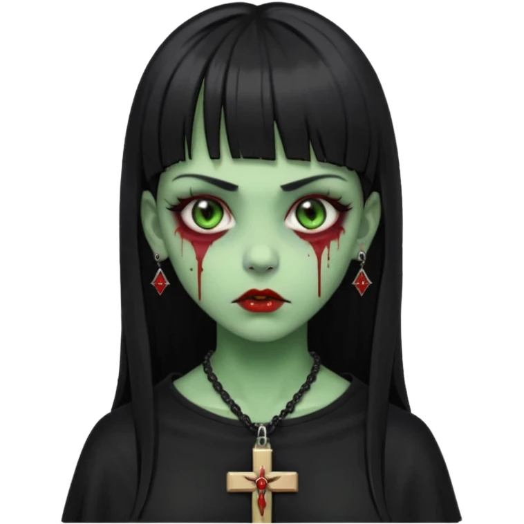 zumbi verde com olhos vermelhos sangrando e franja roupa preta e um crucifixo como colar, sem ser na testa e um piercing no nariz bem feminino a franja reta também  emoji