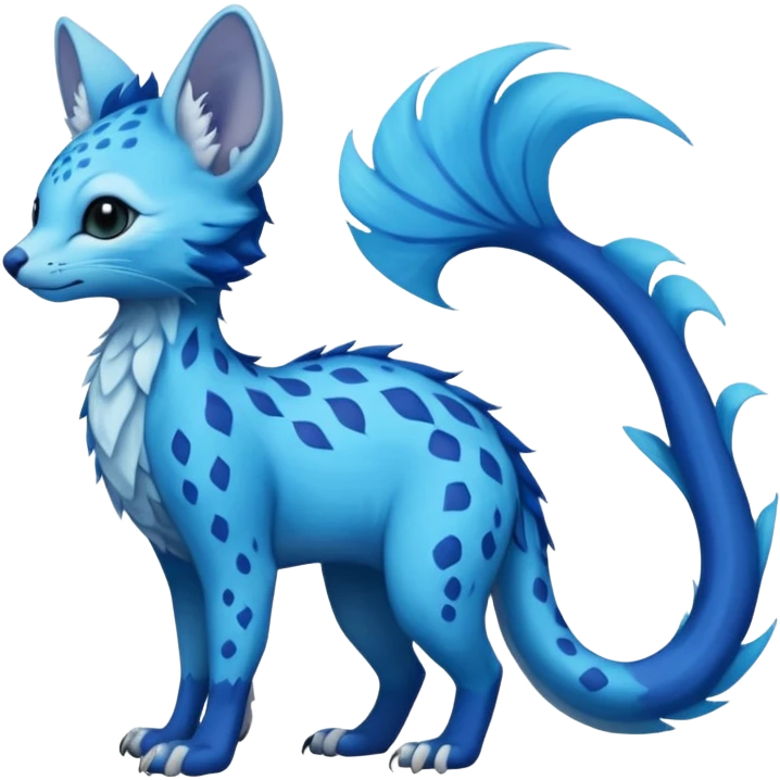 Feral Rare Fantasy vibrant tropical cobalt-blue and cyan Vernid-Trico-species-creature by LiLaiRa, random markings, tufted tail, tufted ears, full body emoji