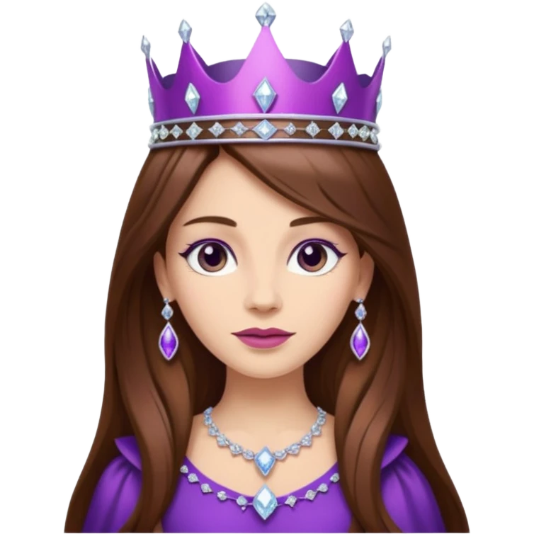 queen, long brown hair, purple crown with diamonds  emoji