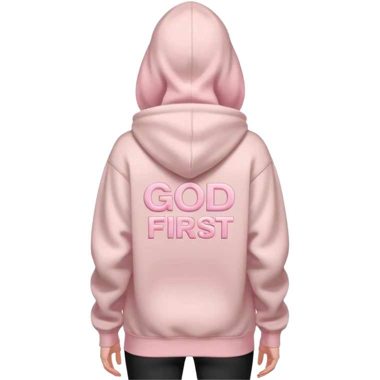back view of a hoodie Pale pink color with stronger pink letters sayin God Is First  emoji