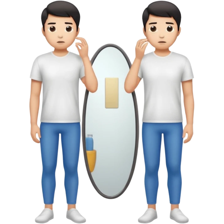 A young Asian guy is sadly examining his body in a full-length mirror. emoji