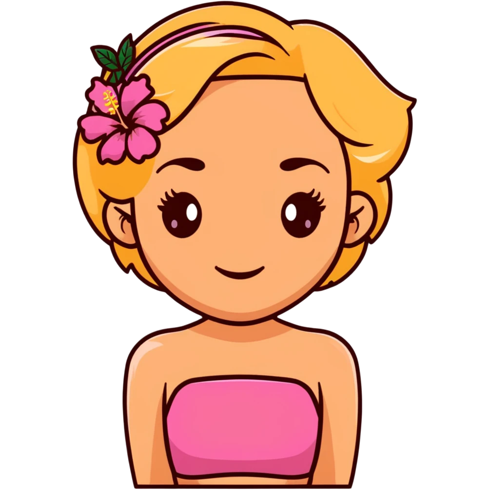 tan girl with dark brown hair and blonde highlights with a hibiscus flower in her hair wearing a pink tube top with tan lines showing emoji
