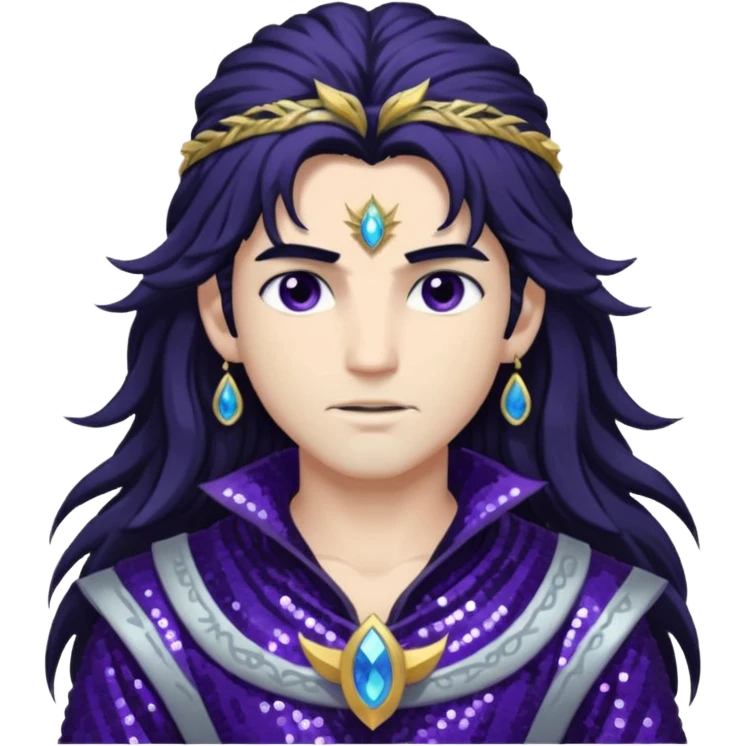 Boreas, God of North Wind from Gods and Goddesses with long black shaggy hair, dark purple sequin outfit emoji