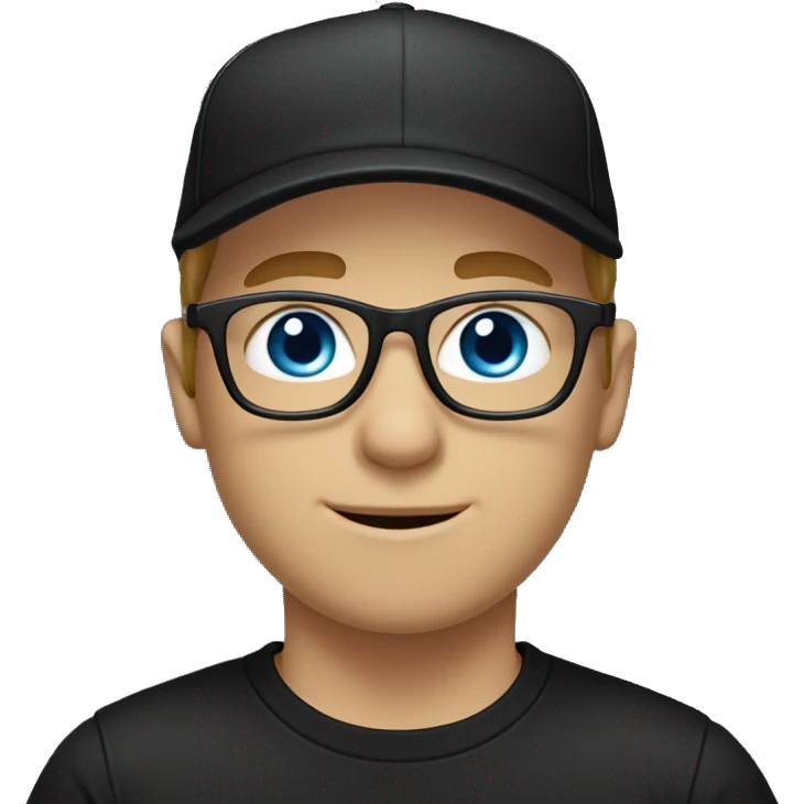 White male wearing glasses and black cap in a black t-shirt and blue eyes emoji