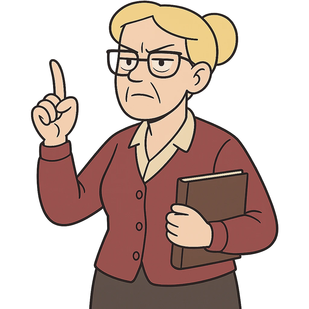 strict and fair senior category math teacher, blonde woman with glasses, flat toon style emoji