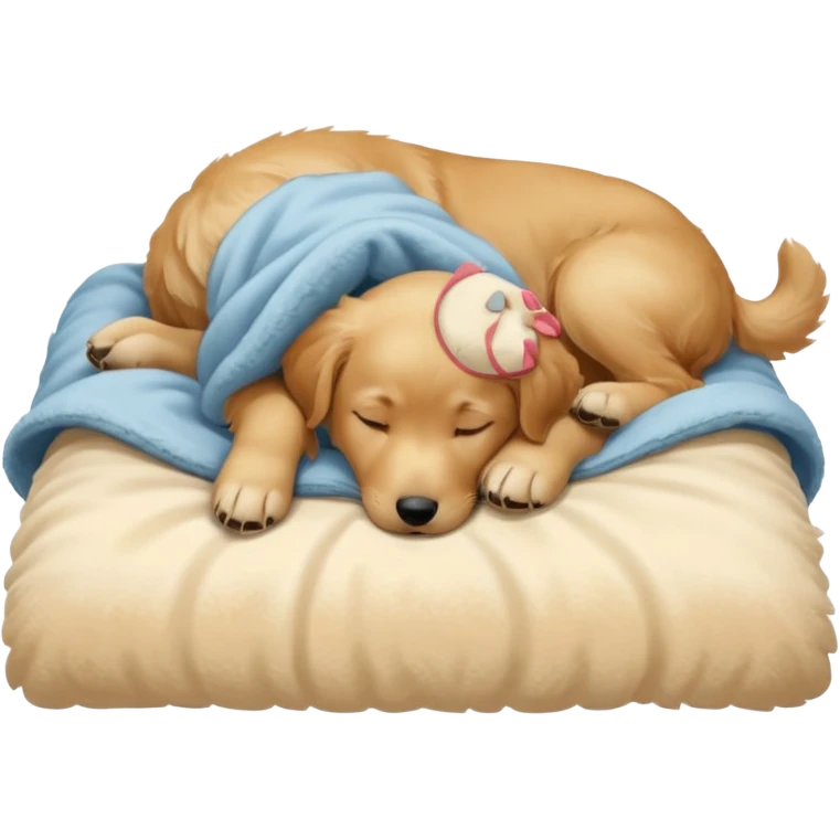 A Golden Retriever puppy sleeping peacefully on a soft blanket indoors. Cozy home environment, natural lighting, soft focus, adorable realism. emoji