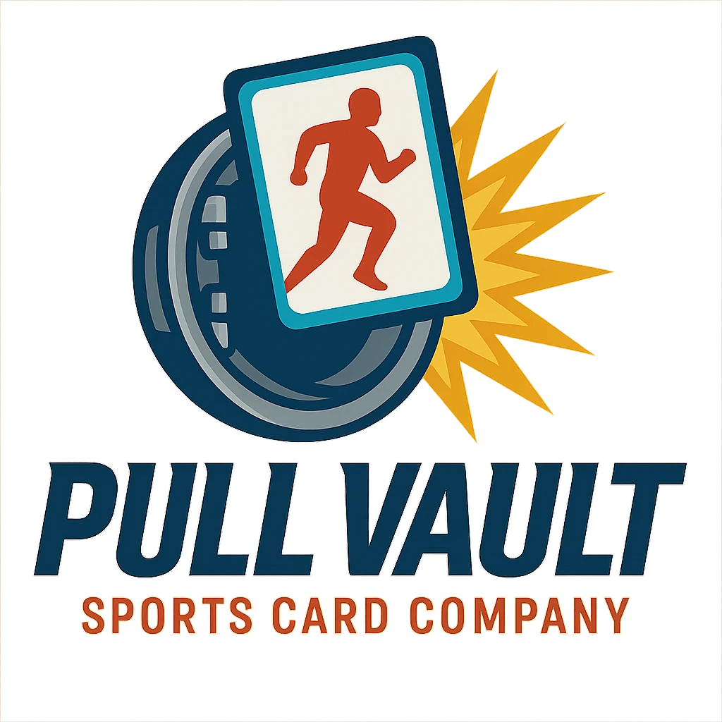 logo for Pull Vault, sports card company, dynamic, with a card being pulled from a vault, vibrant colors emoji