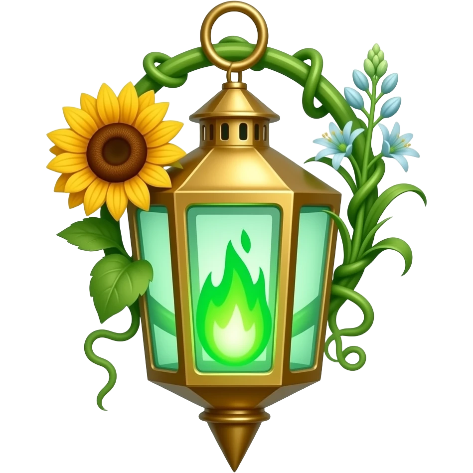 A golden hanging lantern with a bright emerald flames, an empty loop on top, sunflower & asphodel wrapping it, focus more on the green flames, paint the glass more green, have its bottom point come to some sort of point emoji