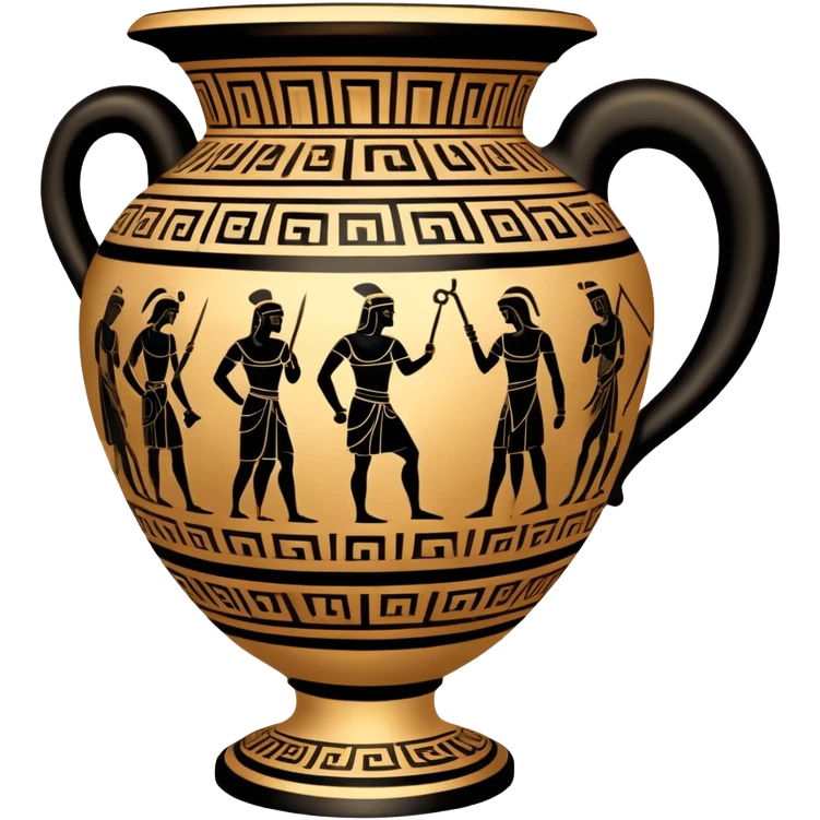 Cinematic-realistic Grecian urn, an exquisite black-figure pottery masterpiece resting in the dim glow of an ancient temple. Intricate golden depictions of gods and warriors encircle its curved form, telling timeless myths of heroism and tragedy. The polished ceramic surface reflects flickering torchlight, while faint wisps of dust drift in the air, whispering echoes of a long-lost civilization. emoji