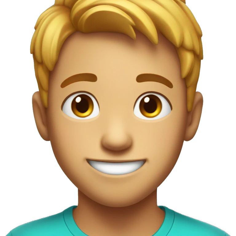 A cute boy with short hair and a bright smile, wearing a colorful T-shirt, with a few freckles on his cheeks. emoji