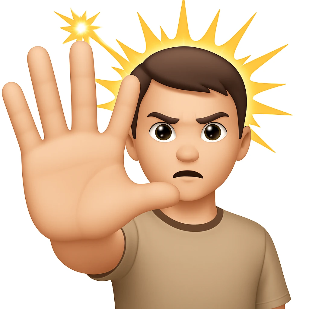 Make the arm fully outstretched toward the viewer so it is not visible behind the hand. The open palm hand should take up even more space, dominating the image. Keep the wrathful, destructive facial expression and lightning blasts in the background in the style of apple style emojis. emoji