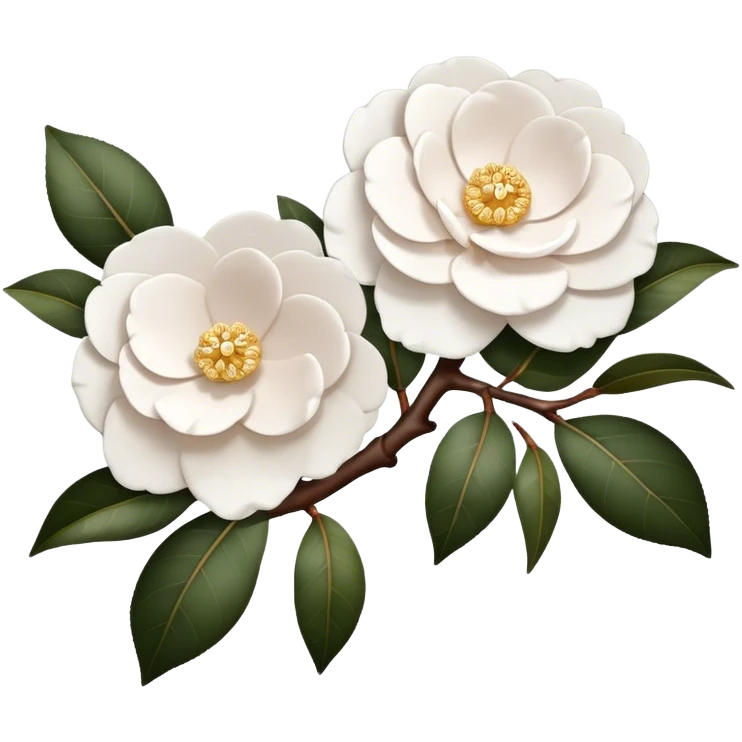 2 white camellias, no leaves, only brown branches  emoji