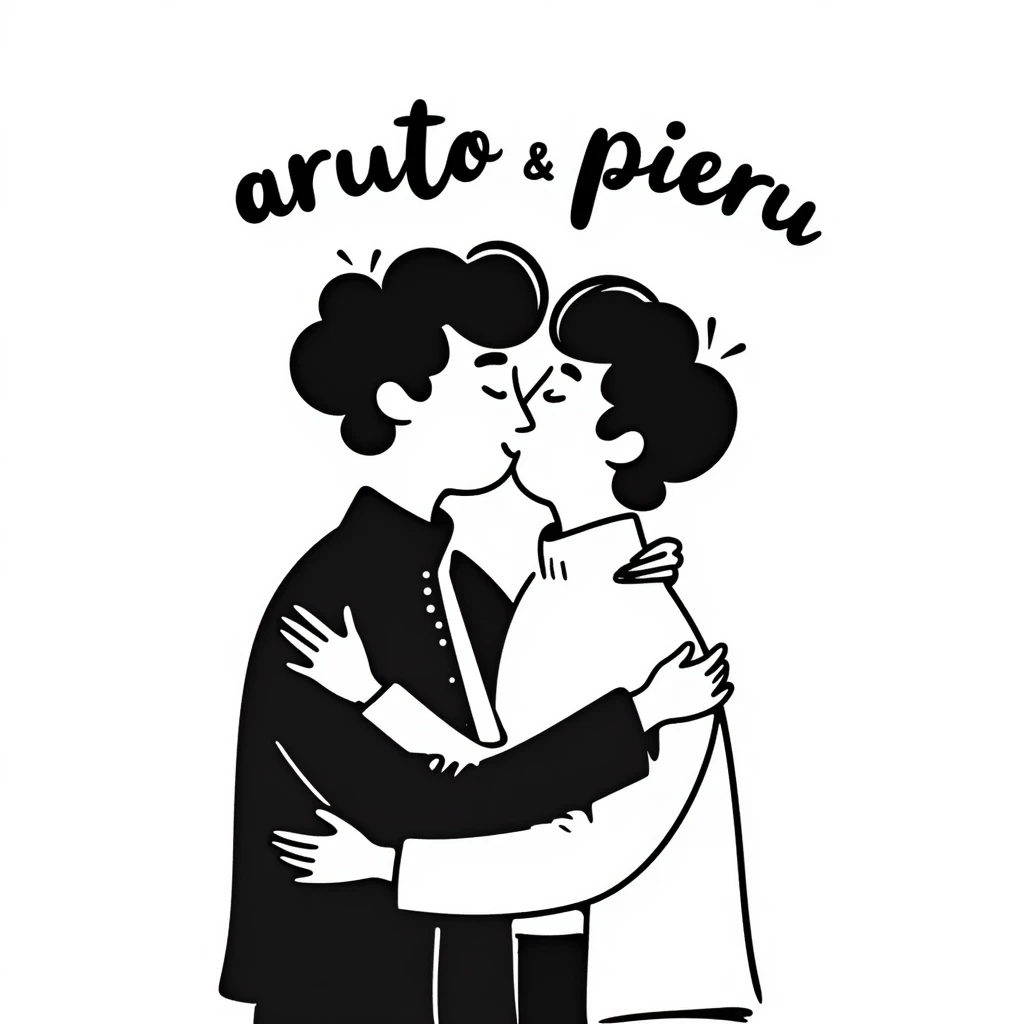 a gay couple kissing, with 'aruto & pieru' written above, in a hand-drawn doodle style emoji