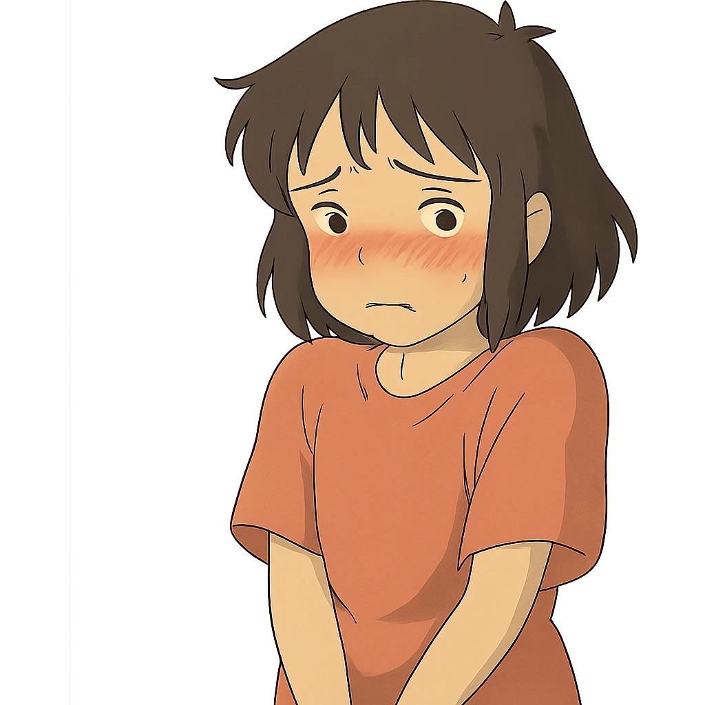 ghibli style character looking embarrassed, blushing, shy posture emoji