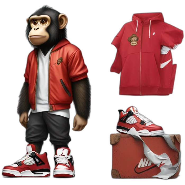 Monkey wearing Jordan 4 on its  feet with a bunch of Nike clothes emoji