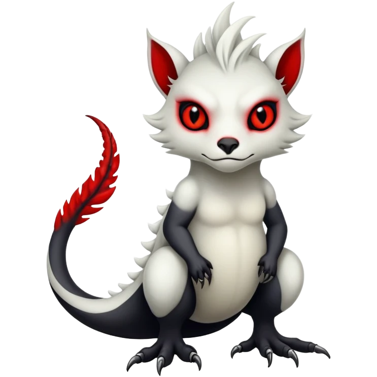 a white exotic edgy vernid-fionbri-creature, with black belly and red eyes, full body emoji