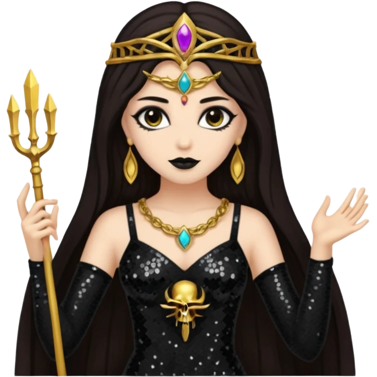 Libera, Goddess of Death from Gods and Goddesses with long dark brown hair, black sequin outfit emoji
