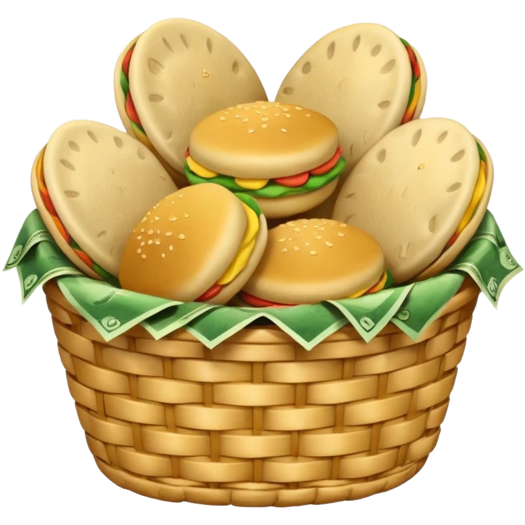 baskets, some overflowing with money, others with colombian arepas emoji