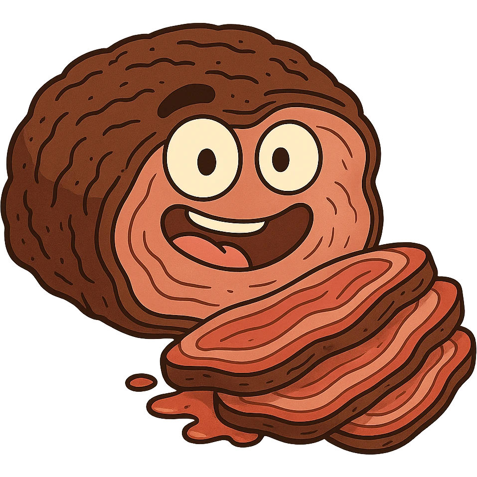 cartoon style brisket, exaggerated juicy slices, bright colors, no background emoji